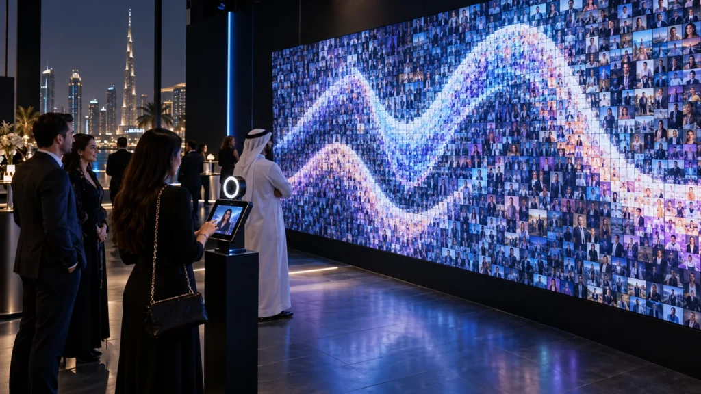 Digital mosaic wall in Dubai with guest photos at a corporate event