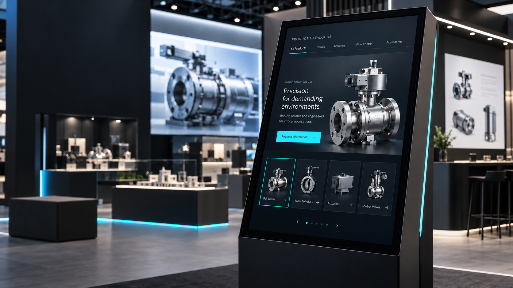 Concept of an exhibition touchscreen displaying an interactive industrial product catalogue